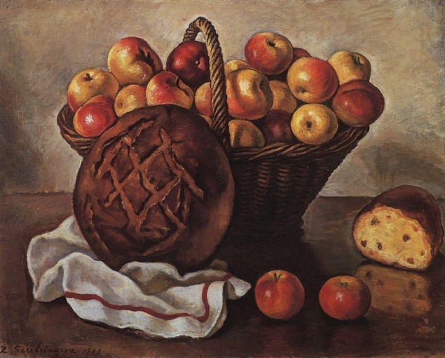 Натюрморт с яблоками и круглым хлебом Серебрякова